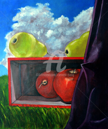 Malerei mit dem Titel "Apple in the Box" von Clement Tsang, Original-Kunstwerk, Acryl