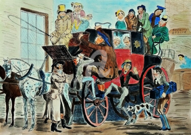 Drawing titled "Horse Cart Station" by Clement Tsang, Original Artwork, Watercolor