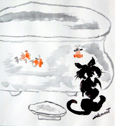 Painting titled "Cat and Fish" by Clement Tsang, Original Artwork, Watercolor