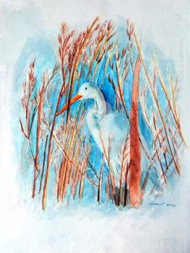 Pintura intitulada "Duck in the grass" por Clement Tsang, Obras de arte originais, Aquarela