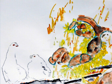 Pintura intitulada "Birds on Tree" por Clement Tsang, Obras de arte originais, Aquarela