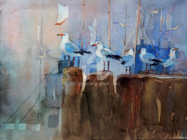 Dibujo titulada "Sea Birds at the Pi…" por Clement Tsang, Obra de arte original, Acuarela