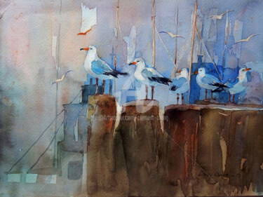 Drawing titled "Sea Birds at the Pi…" by Clement Tsang, Original Artwork, Watercolor