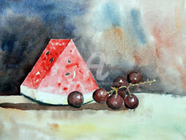 Malerei mit dem Titel "Grapes and Watermel…" von Clement Tsang, Original-Kunstwerk, Aquarell