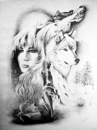 Dibujo titulada "Lady and Fox" por Clement Tsang, Obra de arte original, Carbón