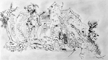 Tekening getiteld "The Old Village in…" door Clement Tsang, Origineel Kunstwerk, Houtskool