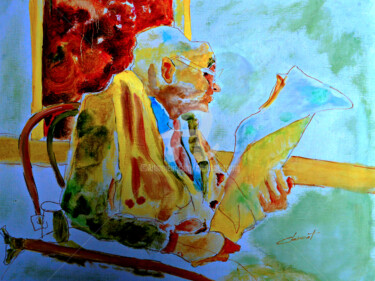 Pintura titulada "Old man reading new…" por Clement Tsang, Obra de arte original, Oleo