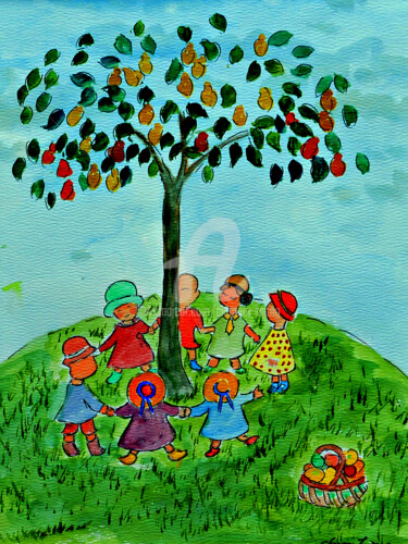 Картина под названием "Children Playing ar…" - Clement Tsang, Подлинное произведение искусства, Акварель
