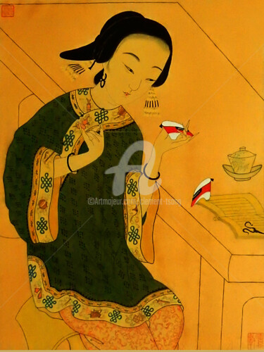Картина под названием "Chinese lady Stitch…" - Clement Tsang, Подлинное произведение искусства, Акварель