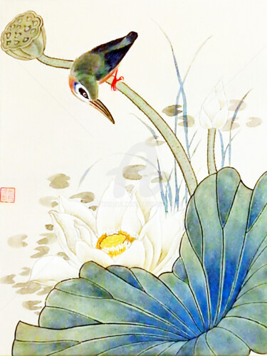 Pintura titulada "Bird on Lotus" por Clement Tsang, Obra de arte original, Acuarela