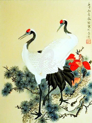 Pintura intitulada "Red Top Crane on Pi…" por Clement Tsang, Obras de arte originais, Aquarela