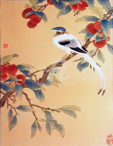 Painting titled "Colourful Bird on L…" by Clement Tsang, Original Artwork, Watercolor