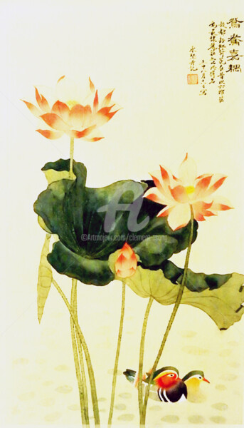 Картина под названием "Yuangyang and Lotus" - Clement Tsang, Подлинное произведение искусства, Акварель
