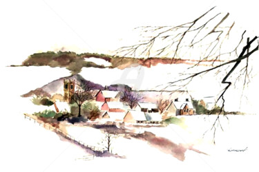 Painting titled "Village and Farmland" by Clement Tsang, Original Artwork, Watercolor
