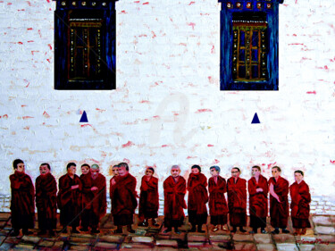Painting titled "12 Tibet Monks" by Clement Tsang, Original Artwork, Oil