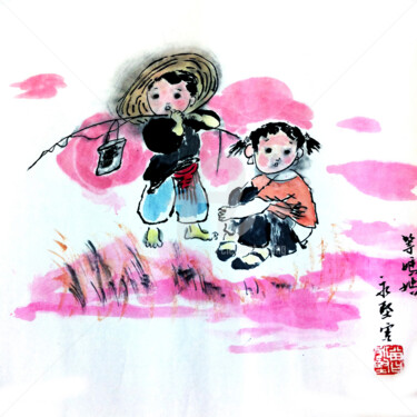 Painting titled "Waiting for Mother" by Clement Tsang, Original Artwork, Watercolor