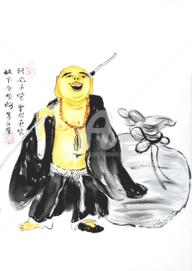 Malerei mit dem Titel "Happy Monk" von Clement Tsang, Original-Kunstwerk, Aquarell