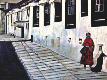 Painting titled "A monk walking" by Clement Tsang, Original Artwork, Oil