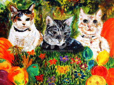 Painting titled "Three Cats in the G…" by Clement Tsang, Original Artwork, Acrylic