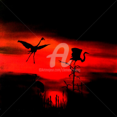 Malerei mit dem Titel "Birds at Night" von Clement Tsang, Original-Kunstwerk, Öl