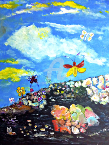 Pintura intitulada "Butterfly in the mo…" por Clement Tsang, Obras de arte originais, Óleo