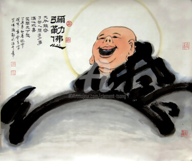 Painting titled "The Happy Monk I" by Clement Tsang, Original Artwork, Watercolor