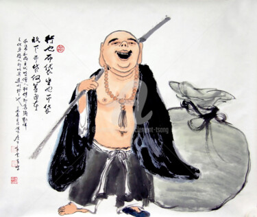 Malarstwo zatytułowany „The Happy Monk II” autorstwa Clement Tsang, Oryginalna praca, Akwarela