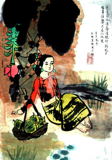 Painting titled "Lady Selling Banana" by Clement Tsang, Original Artwork, Watercolor