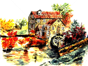 Pintura intitulada "Farm House" por Clement Tsang, Obras de arte originais, Aquarela