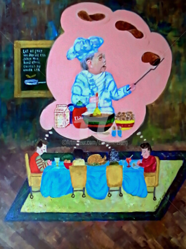 Painting titled "The Chef Cooking St…" by Clement Tsang, Original Artwork, Oil