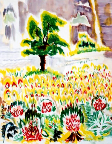 Pintura intitulada "W-Colorful Garden" por Clement Tsang, Obras de arte originais, Aquarela