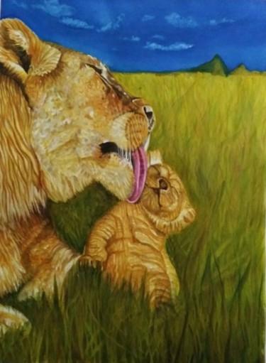 Pintura intitulada "leoa-maternal.jpg" por Cleusa Maria De Souza Nunes Vieira, Obras de arte originais, Aquarela