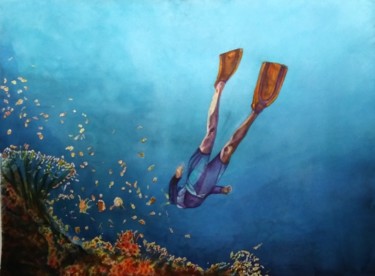 Malerei mit dem Titel "plongeur, mergulhad…" von Cleusa Maria De Souza Nunes Vieira, Original-Kunstwerk, Aquarell