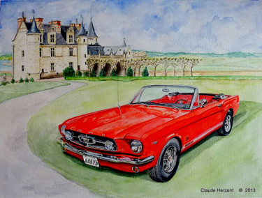 Painting titled "Ford Mustang au châ…" by Cloder100, Original Artwork, Watercolor
