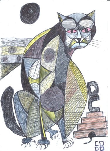 Dibujo titulada "O gato malhado" por Codo Clodoaldo Turcato, Obra de arte original, Tinta