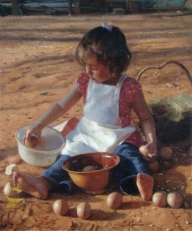 Painting titled "Brincando com ovos" by Clodoaldo Martins, Original Artwork, Oil