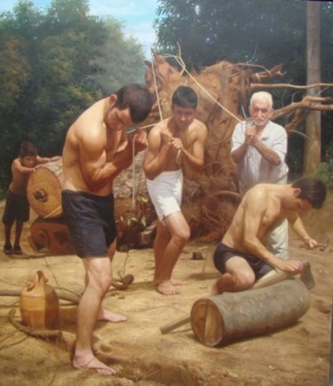 Os Puxadores de Tora. Pintura titulada "Os Puxadores de Tor…" por Clodoaldo Martins, Obra de arte original, Oleo