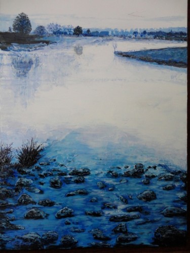 Painting titled "Le lac à l'aube" by Cloper, Original Artwork, Oil