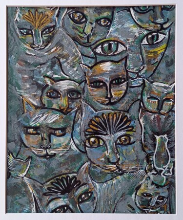 Painting titled "Chats....pitres!" by Clotilde Lienhardt (CLO), Original Artwork, Acrylic Mounted on Cardboard