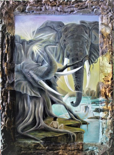 Painting titled "Elephant boy" by Claude Maguet, Original Artwork, Oil Mounted on Other rigid panel
