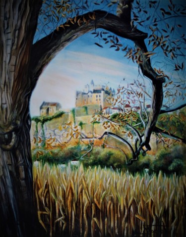 Painting titled "Automne à Beynac" by Claude Maguet, Original Artwork, Oil