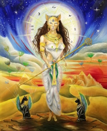 Pintura intitulada "La déesse Bastet" por Claude Maguet, Obras de arte originais, Óleo
