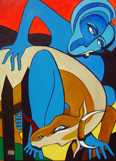 Painting titled "MEN VS BEAST" by Hal Cobra, Original Artwork, Acrylic