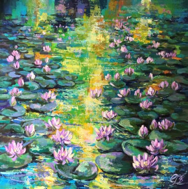 Painting titled "Sunset on Lily pond" by Colette Baumback, Original Artwork, Acrylic Mounted on Wood Stretcher frame