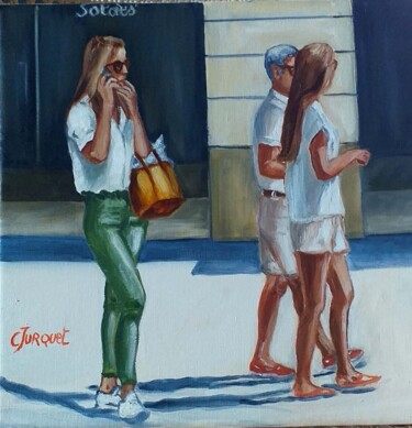 Painting titled "shopping de vacances" by Colette Jurquet, Original Artwork, Oil Mounted on Wood Stretcher frame