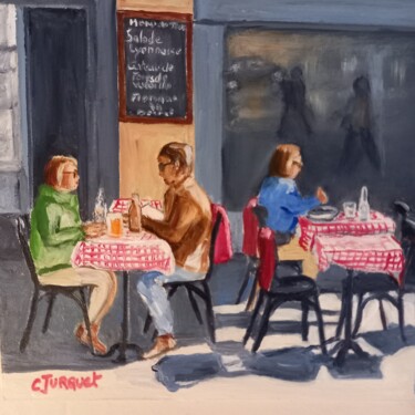 Painting titled "Bistrot du Vieux Ly…" by Colette Jurquet, Original Artwork, Oil Mounted on Wood Stretcher frame