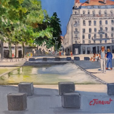 Painting titled "Place de la Républi…" by Colette Jurquet, Original Artwork, Oil Mounted on Wood Panel