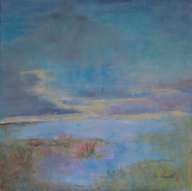 Peinture intitulée "Étang au crépuscule" par Colette Pisanelli, Œuvre d'art originale, Huile