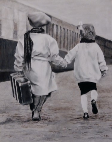 Malerei mit dem Titel "Enfants en partance" von Colette Tournier, Original-Kunstwerk, Pastell Auf Holzplatte montiert