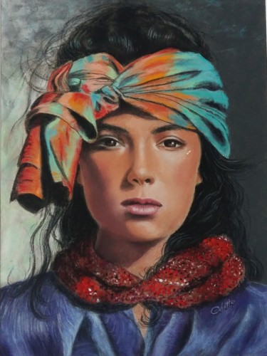 Painting titled "Gypsy woman" by Colette Tournier, Original Artwork, Pastel Mounted on Wood Panel